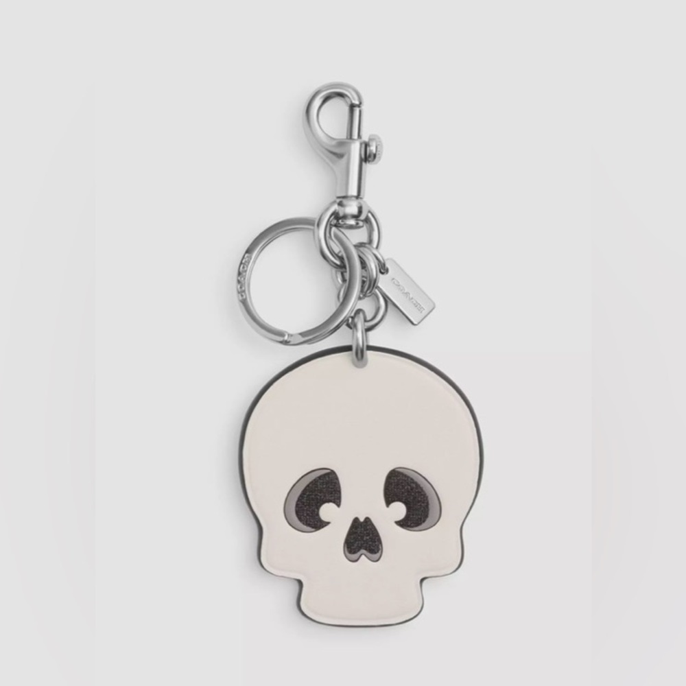 Coach White Skull Leather Keychain with Silver Hardware